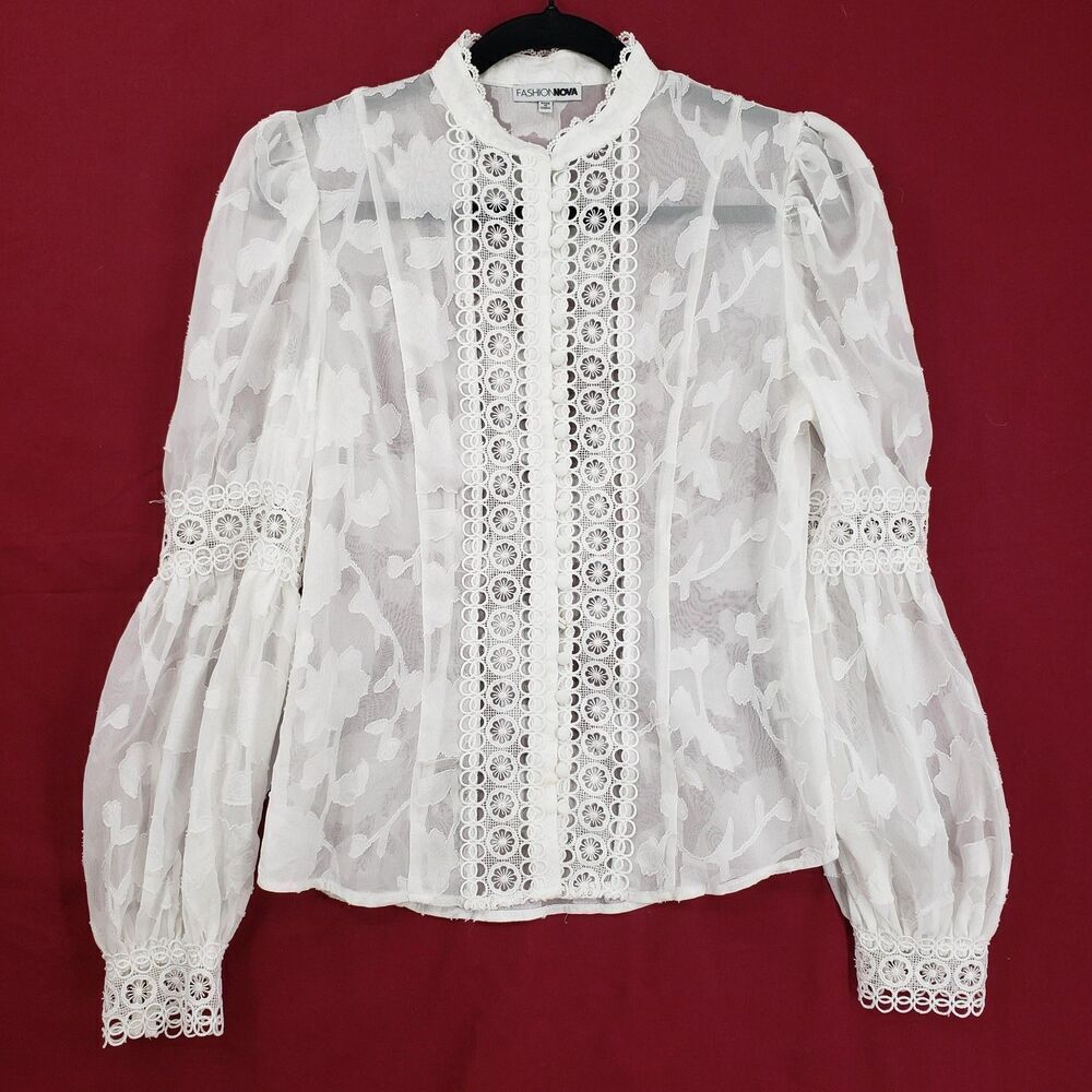 Fashion Nova Blouse Womens XS White Sheer Lace Mock Neck Long Sleeve Floral